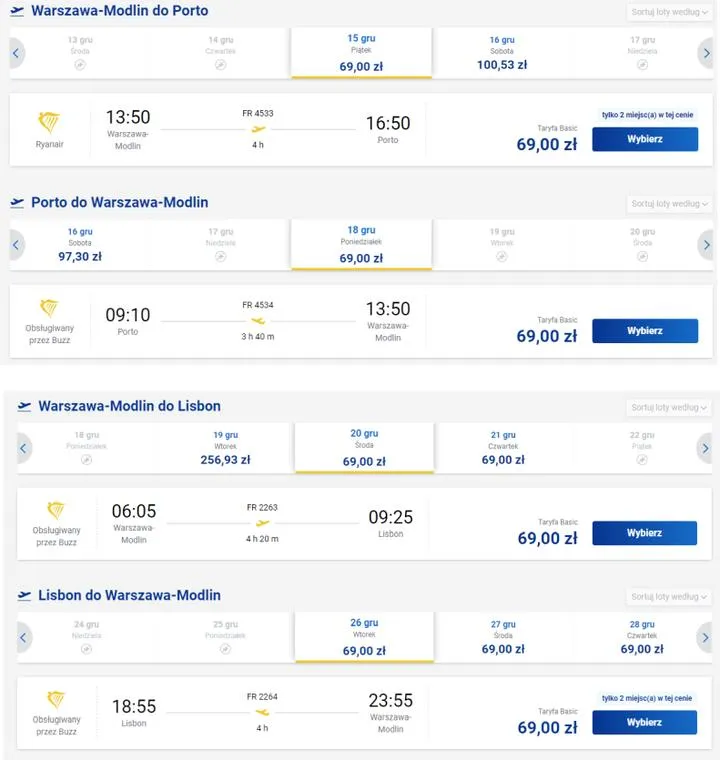 Czas lotu Warszawa do Portugalii