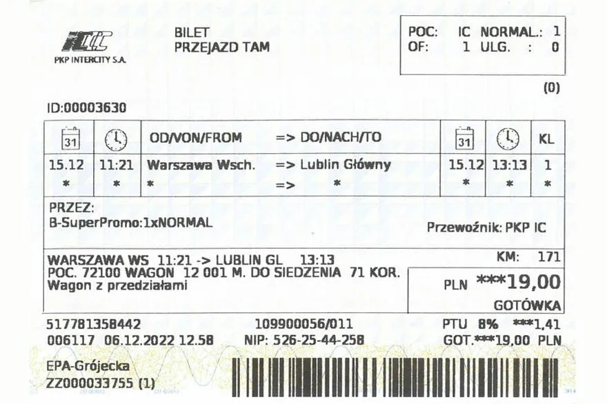 Odstępne za zwrot biletu